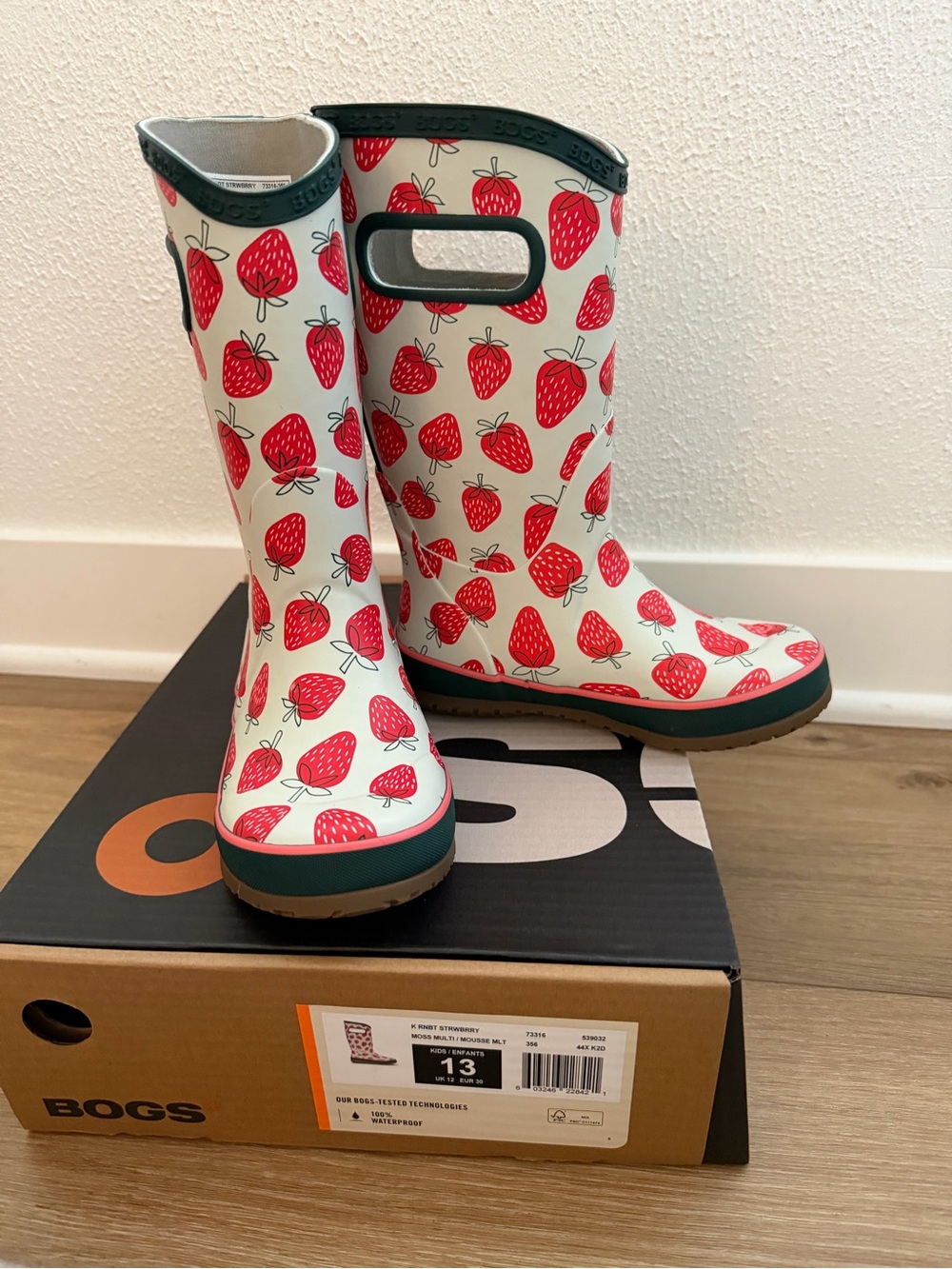 Bogs Kids Strawberry Pattern Waterproof Rain Boots - White, Red, Green